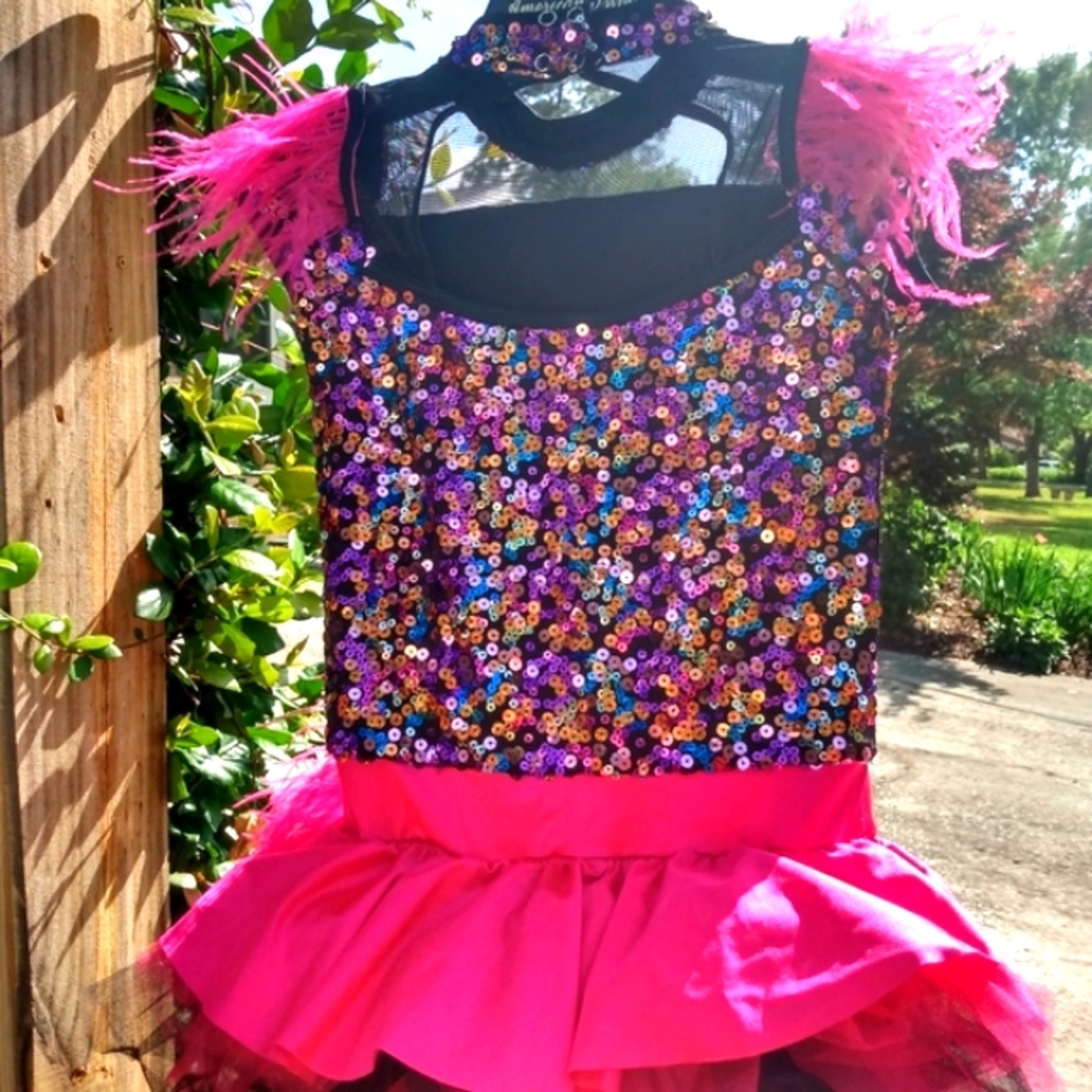 Dance costume, Large Child (LC), sequin and feather details, feather hair clip